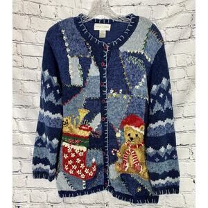 Vintage Casual Corner Women’s Large Blue Ugly Christmas Cardigan Sweater *Video*